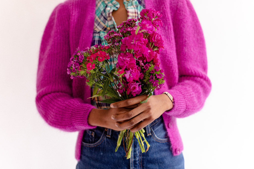 Pull Vintage Woof Design Mohair Fuchsia - Motif Floral, Femme Taille L, Occasion Très Bon état